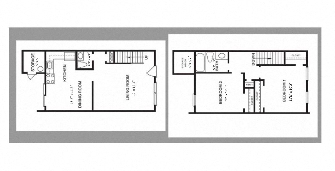 Floor plan for 2 beds, 1.5 baths, 950 sqft